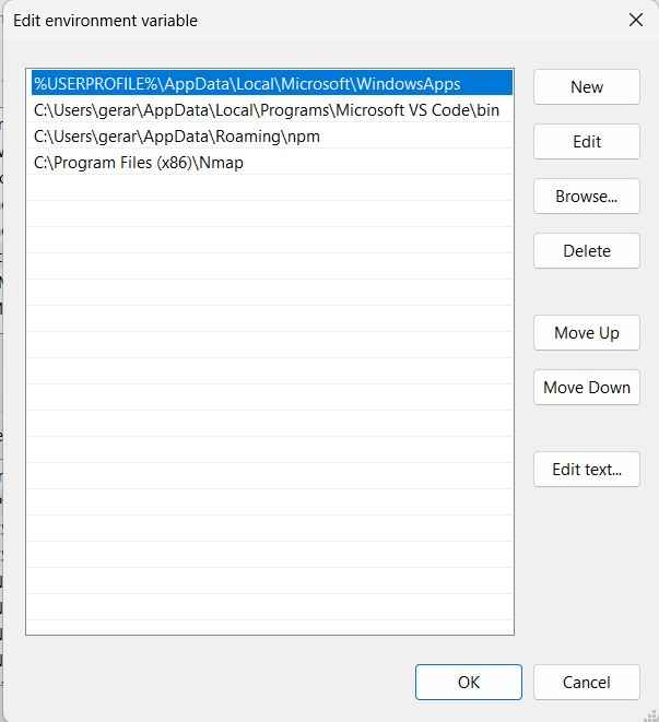 Edit Environment Variable Menu